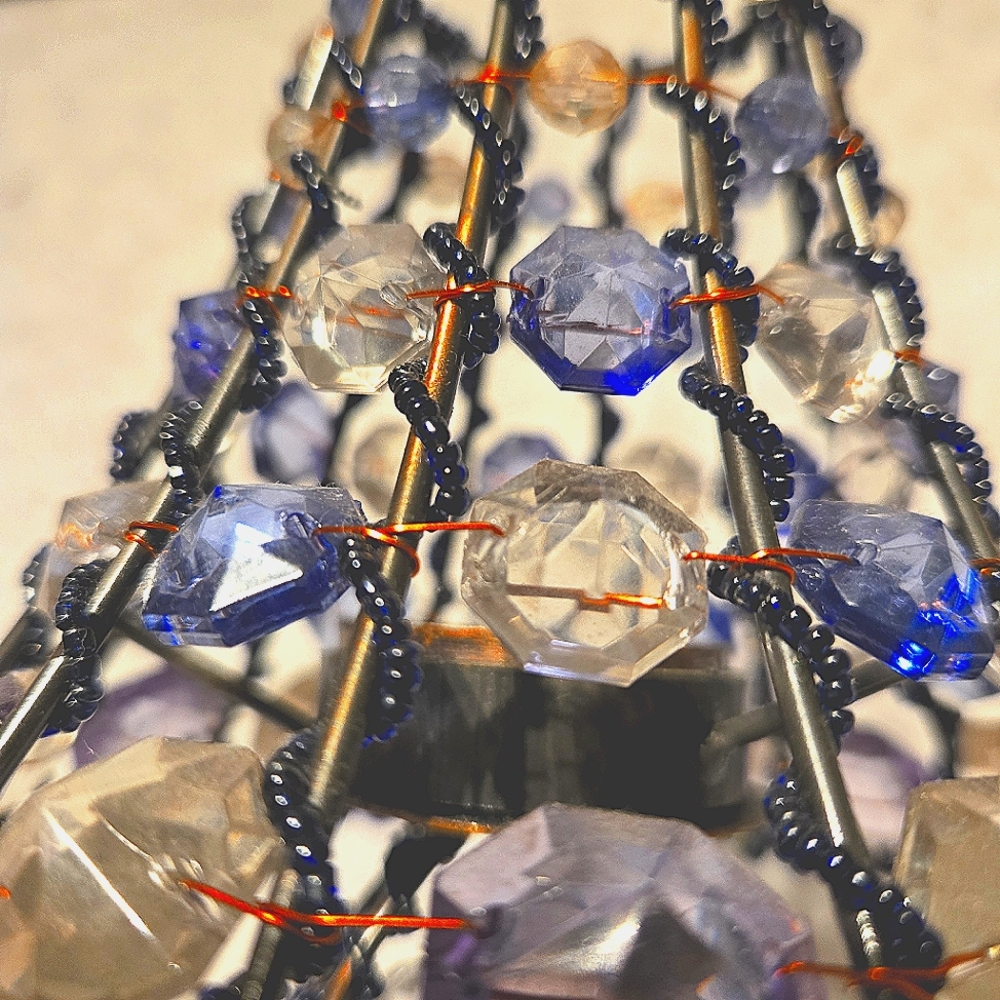 Bronze Parlor Lamp 12" Tealight Candle Holder Blue Beaded Copper Wire Wrapped - Picture 6 of 6